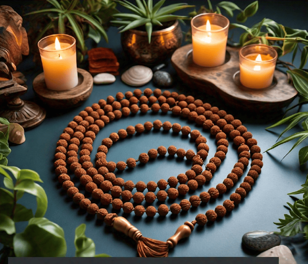 A beautifully arranged meditation space featuring Rudraksha beads, candles, and plants, emphasizing the importance of a dedicated environment for practice